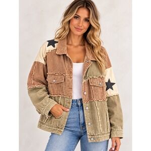 POL Womens Boho Patchwork Corduroy Jacket Star Print Distressed Mixed Media M